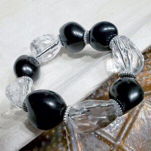 Bold Chunky Faceted Clear Lucite and Nugget Black Kukui Nut Stretch Bracelet